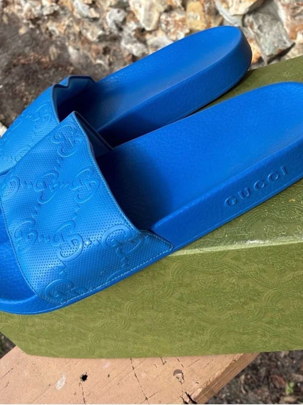 Gucci Men's Bright Blue Embossed Rubber Slide Sandals